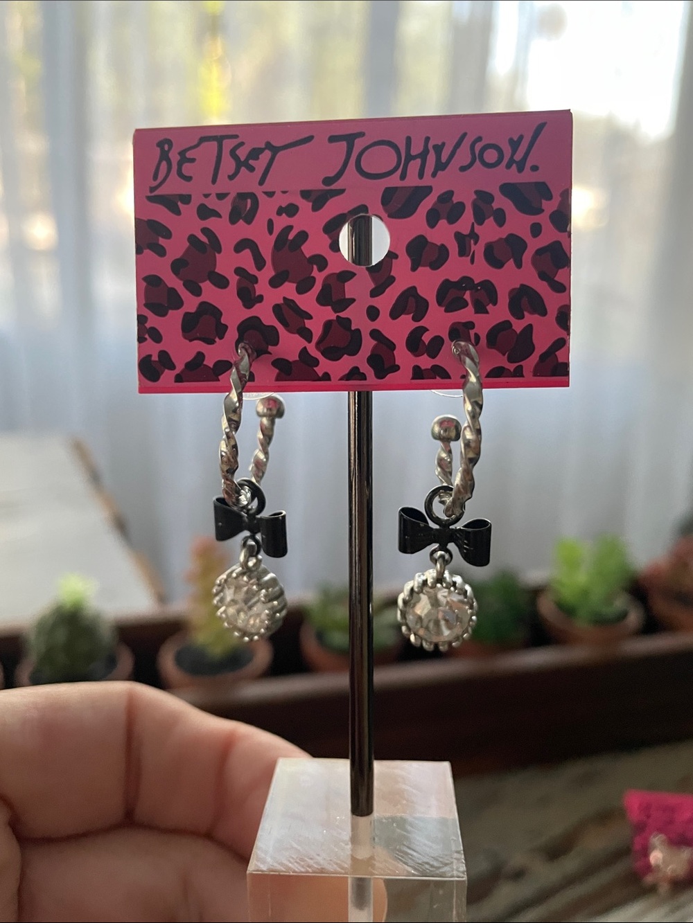 Betsey Johnson Silver Hoop Earrings with Black Bows and Crystal Drops